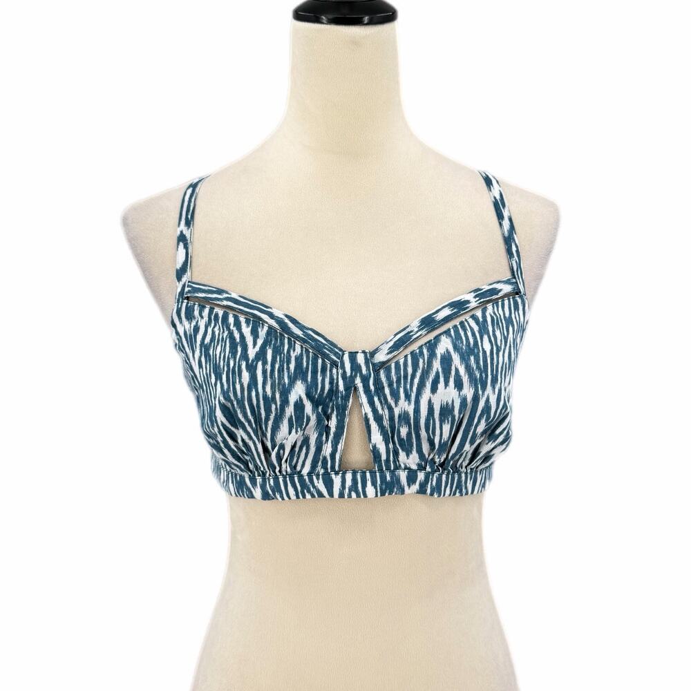 Pilcro Anthropologie Teal White Ikat Print 100% Cotton Cropped Summer Boho Top